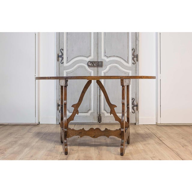 Wood 17th Century Italian Baroque Period Walnut Demilune Table with Carved Lyre Base For Sale - Image 7 of 14