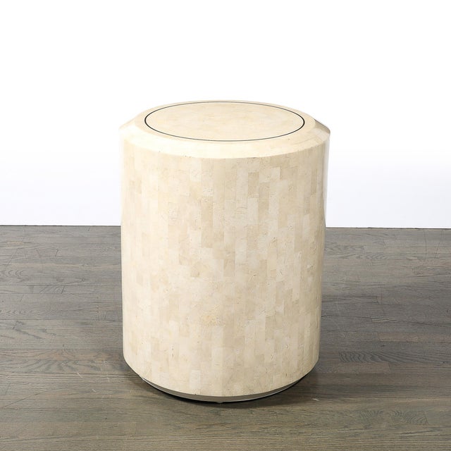 Mid-Century Drum Form Brass Inlay Tessellated Stone Side Table by Maitland Smith For Sale In New York - Image 6 of 14
