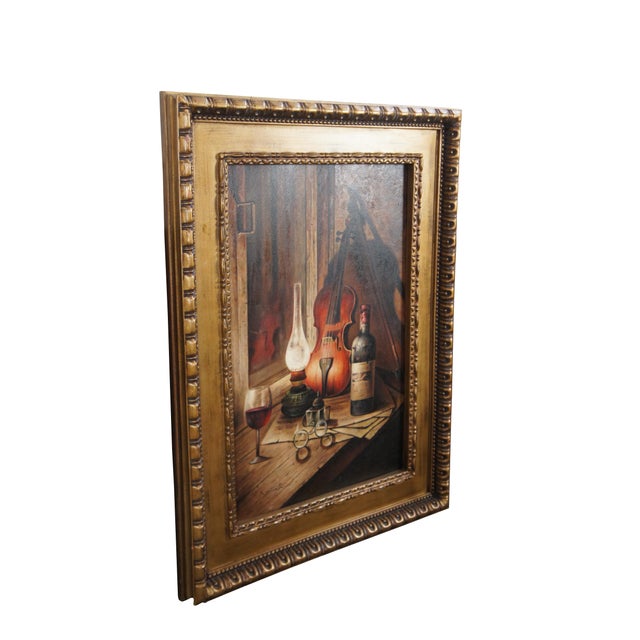 A very large and impressive vintage musical theme still life oil painting on canvas. A musician gets ready to study /...