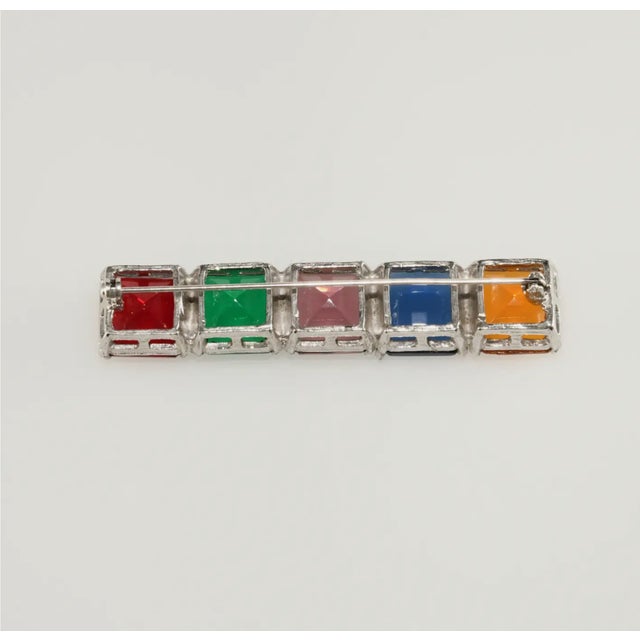 Abstract Vintage Multicolor Bar Pin Brooch With Square Glass Stones Silver-Plated For Sale - Image 3 of 3