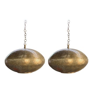 Oval Shaped Modern Gold Brass Pendant Chandeliers - a Pair For Sale