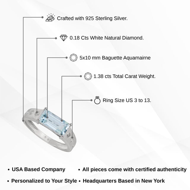 Baguette Cut Natural Aquamarine Ring With Flush Diamond Shank 925 Silver Size 7 For Sale - Image 12 of 15