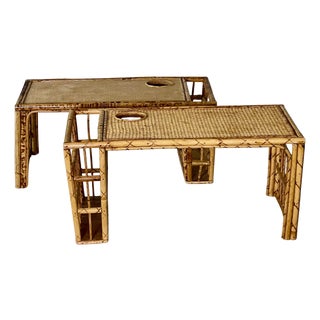 Near Pair of 1960s Bamboo and Rattan Bed Trays With Drink and Magazine Holder For Sale