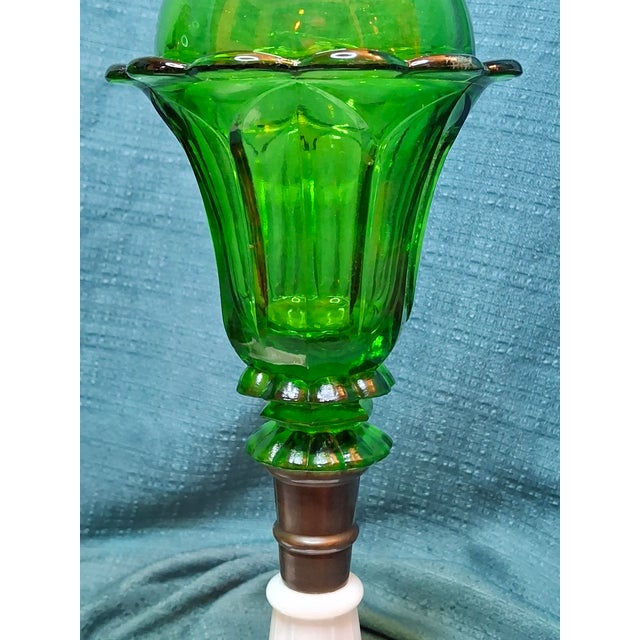 Victorian Antique Emerald Green Glass Whale Oil Lamps Milk Glass Base Eapg 13.5" - a Pair For Sale - Image 3 of 9