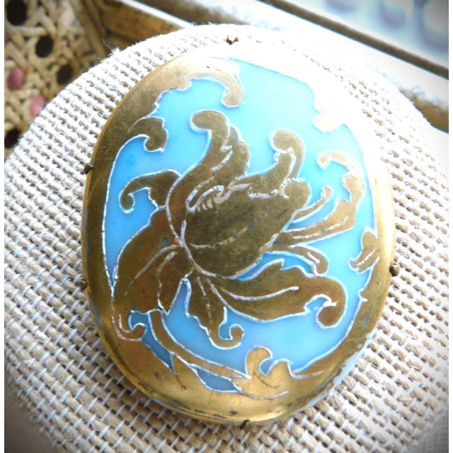 Turquoise Limoges Hand-Painted Art Nouveau Aqua Porcelain and Gold Leaf Oval Antique Brooch Pin For Sale - Image 8 of 8
