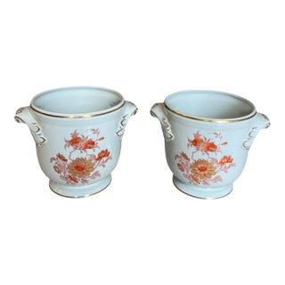 Vintage Floral Porcelain Cachepots With Gilded Rococo Handles For Sale