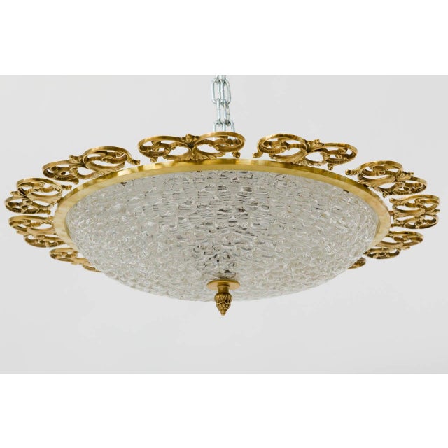 Mid-Century Modern Mid 20th Century Brass and Textured Glass Flush Mount Fixtures For Sale - Image 3 of 6