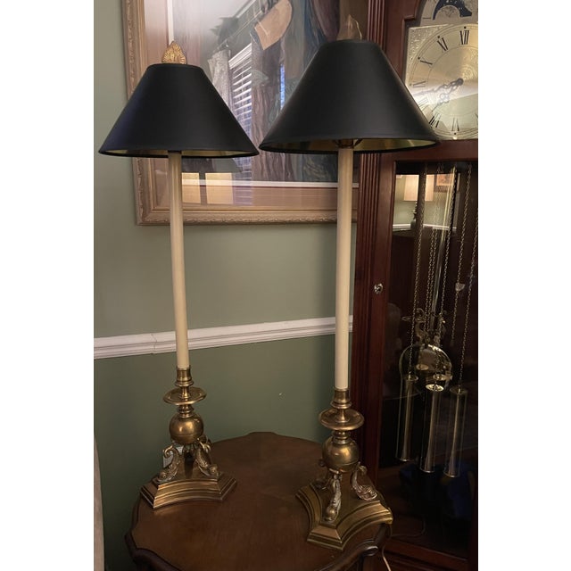 Pair Vintage 1987 Chapman Brass Dolphin Buffet Lamps Black Gold Foil Shades 37" For Sale - Image 9 of 13