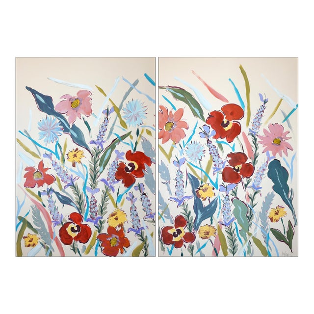 2025, Illustrative Floral Painting, Large Diptych of Poopies and Wildflowers, Acrylic Paint on Watercolor by Romina Milano For Sale