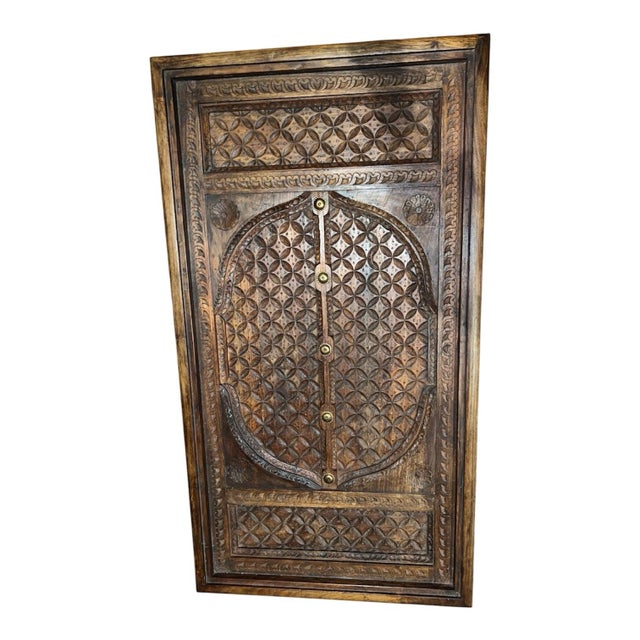 1970s Vintage Indian Hand-Carved Door Coffee Table With Iron Hardware and Brass Studs For Sale - Image 5 of 6