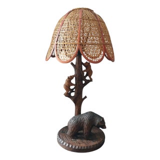 Rustic Three Bear Family Table Lamp with Wicker Shade, 1950 For Sale