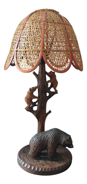 Rustic Three Bear Family Table Lamp with Wicker Shade, 1950
