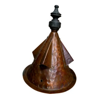 1930s Arts and Crafts Hammered Copper Wall Sconce, Black Metal Arm, Corded Cone Shade For Sale