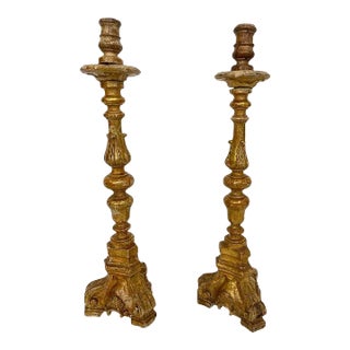 19th Century Antique Italian Baroque Gilt Candlesticks - A Pair For Sale