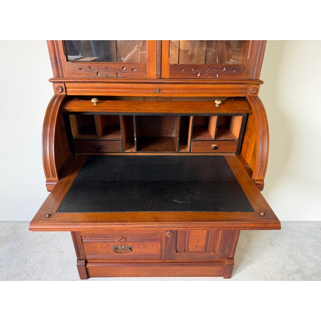 Antique Eastlake Victorian Carved Mahogany Secretary Bookcase With Burl Wood Roll-Top Desk For Sale - Image 11 of 12
