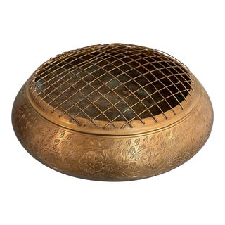 Vintage Solid Brass Flower Bowl With Flower Frog Top For Sale