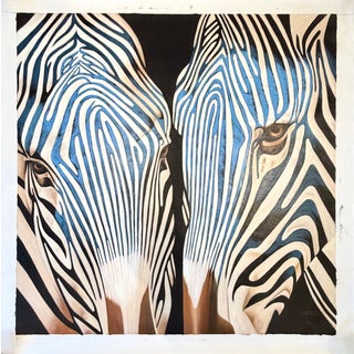 Contemporary Blue Zebra Double Portrait Painting – Original Oil on Unstretched Canvas, 40" X 40" For Sale