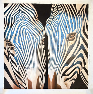 Contemporary Blue Zebra Double Portrait Painting – Original Oil on Unstretched Canvas, 40" X 40"
