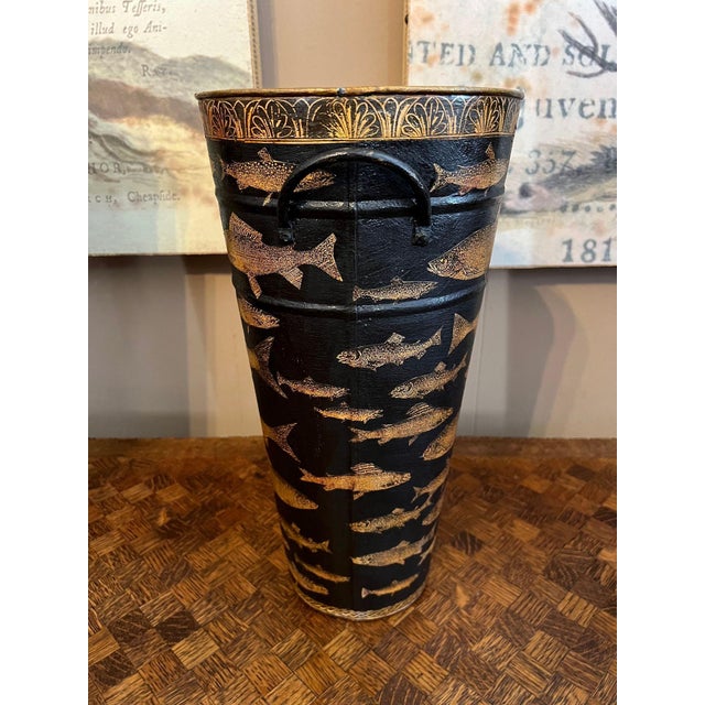 Vintage English Planter Jardiniere Urn Fish Decoupage Black Tole Lodge Décor For Sale - Image 13 of 18