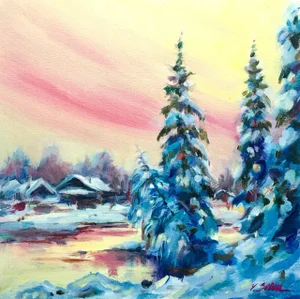 Winter Snow Landscape Forest Original Painting Handmade Art Decor by Valeriya Serova