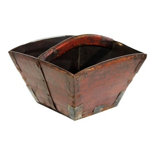 Antique 19th Century Chinese Fir Wood Rice Basket/Bucket, Iron Brackets For Sale