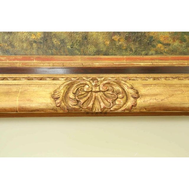 Oil on canvas. Signed in the lower left corner - illegible signature. Florally decorated frame - gilded. Peaceful motif of...