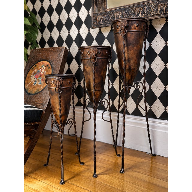 Floor Brutalist Primitive Totemic Tall Metal Vessels on Forged Stands For Sale - Image 4 of 6