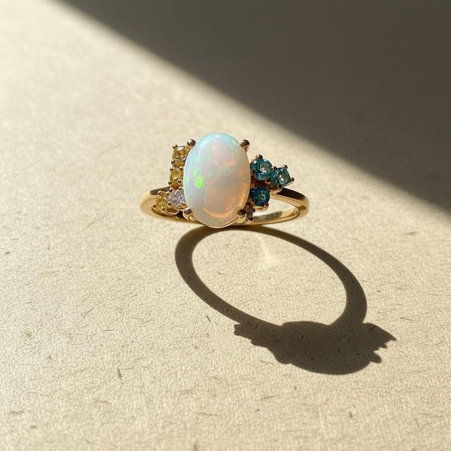 White Opal Multicolor Ring in 14k Gold, Size 7.5 For Sale - Image 9 of 9