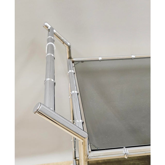 1970s Mid-Century Modern Large Faux Bamboo Steel and Smoked Glass Bar Cart For Sale In Philadelphia - Image 6 of 11