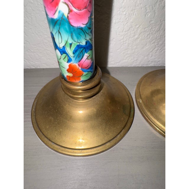 Metal Late 20th Century Vintage Chinoiserie Brass and Cloisonné Enamel Candlestick Holders - Pair For Sale - Image 7 of 9