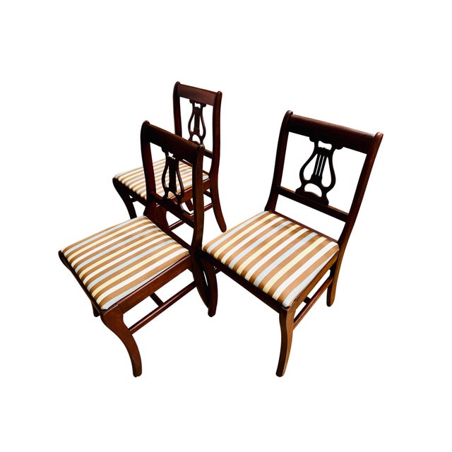 American Early 20th Century Lyre Back Pinstripe Dining Chairs, Set of 3 For Sale - Image 3 of 10