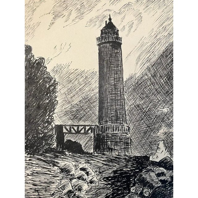 Circa 1931 the Lighthouse Original Pen & Ink Drawing by G. John For Sale In Reno/Lake Tahoe - Image 6 of 7