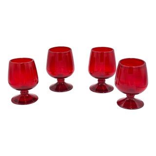 Vintage Blenko Hand Blown Red Brandy Art Glass Snifter 4pc Set For Sale
