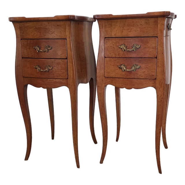 Vintage French Louis XV Style Fruitwood Bombe Nightstands End Tables - A Pair For Sale