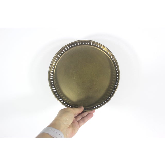 French Country Vintage Brass Tray, Round Gallery With Pierced Cutout Details 8” Bar Drinks For Sale - Image 3 of 8