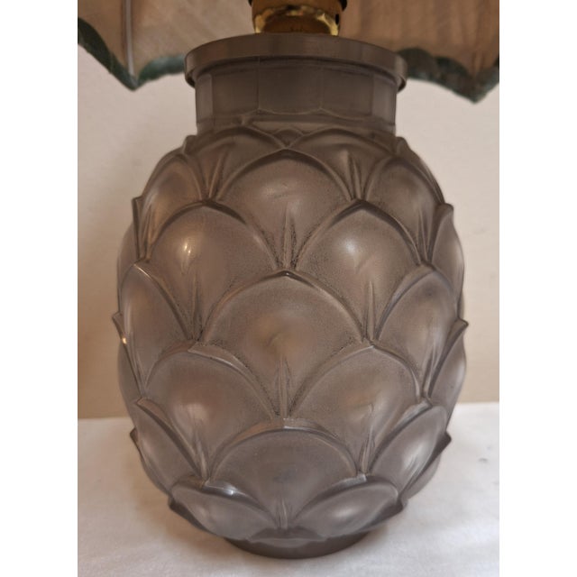 Art Deco Belgian Pineapple Lamp with Frosted Crystal Glass Base and Handmade Fabric Shade by Christalleries De Val St Lambert for Lamplove For Sale - Image 8 of 12