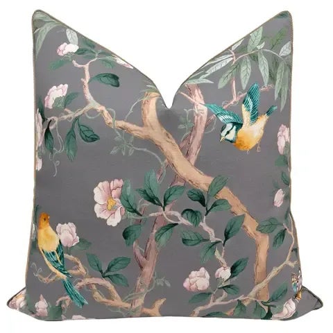 Pair of beautiful custom-made pillow cover in Imperial Garden in the Gris color-way with brass cord detailing. Same sided,...