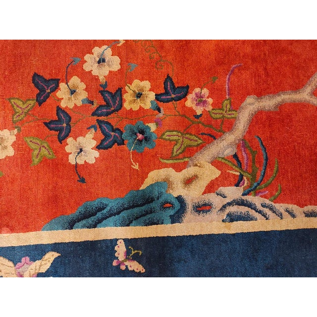 1920s Red Blue Floral Antique Chinese Art Deco Rug 8'10" X 11'8" Handknotted Wool Carpet For Sale In New York - Image 6 of 6