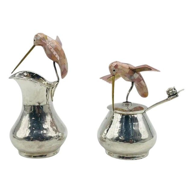 Los Castillo Silver Hummingbird Creamer, Sugar & Ladle, Taxco 1960s For Sale