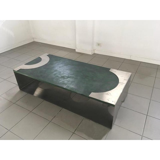 Post-Modern Green Patinated Wood and Stainless Steel Coffee Table, 1970s For Sale - Image 10 of 16