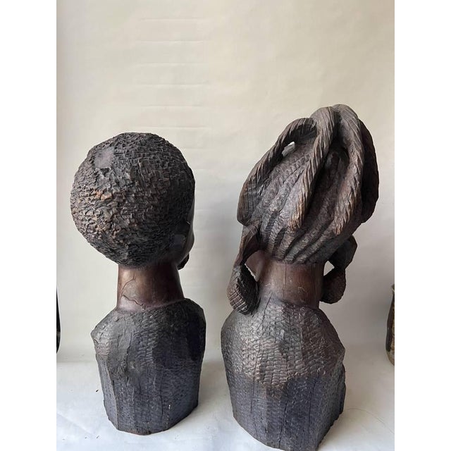 Pair of Vintage Traditional African Ebony Wood Man & Woman Carving Busters For Sale - Image 4 of 17