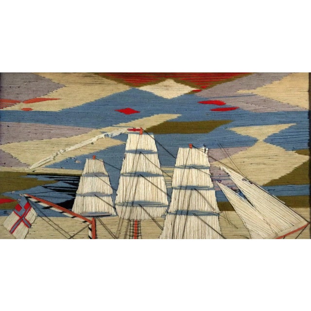 British Sailor's Woolwork of a Royal Navy Ship at Sunset (Woolie) This is a beautiful and well-preserved example of a...