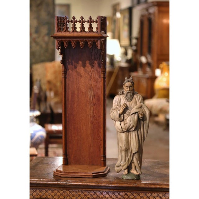 Wood 18th Century French Polychrome Carved Moses Sculpture in Gothic Oak Shrine For Sale - Image 7 of 12