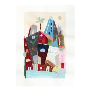 City of Palms - Abstract Urban Color Drenched Collage Mixed Media Original Artwork by Maria C Bernhardsson For Sale