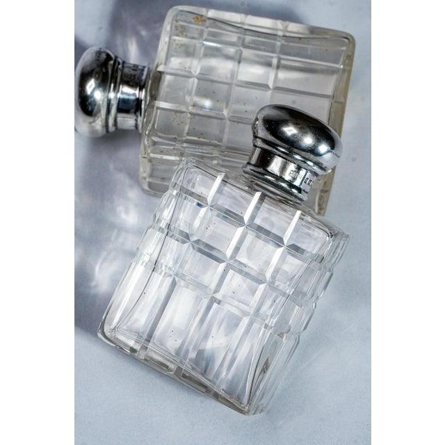 Set of 4, Beautiful Set Mappin and Webb Antique English Sterling Silver and Crystal Geometric Cut Pattern Vanity Dresser Jar and Bottle For Sale In New York - Image 6 of 16