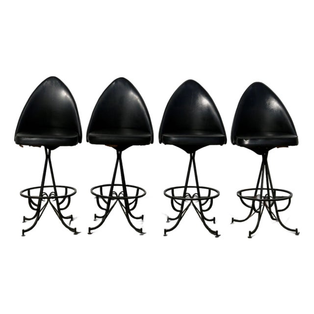 1960s Spanish Revival Gothic Mid-Century Wrought Iron & Black Daystrom Swivel Barstools For Sale
