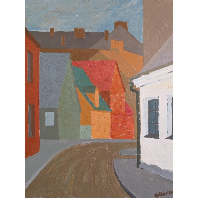 1968 Mid-Century 'Where the Street Bends' Vintage Swedish Street Scene Landscape Oil Painting, Framed For Sale - Image 9 of 11