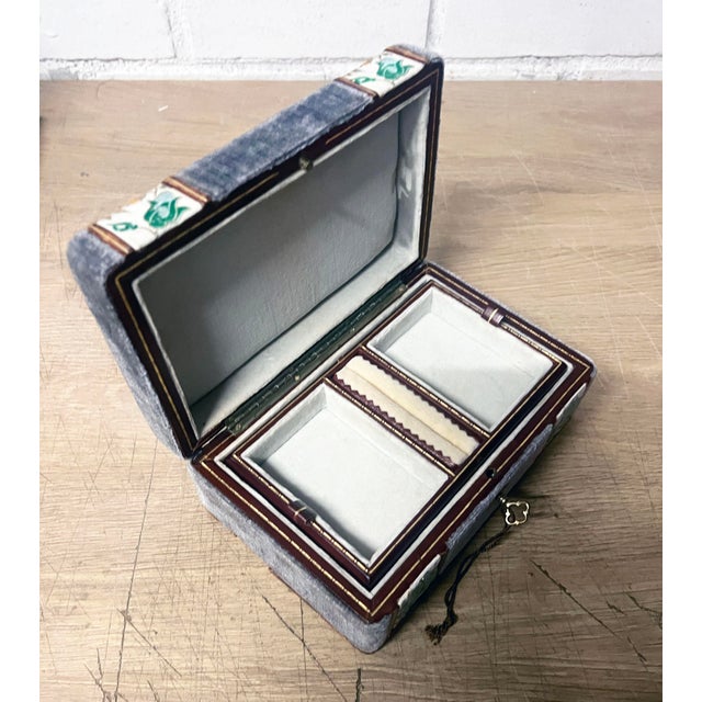 Charming antique Pale Blue Velvet Jewelry Box with embroided ribbon trim. The luxurious mit condition interior is lined...