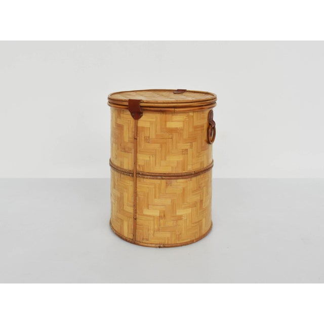 Boho Chic Italian Closed Rattan Basket with Leather Details, 1973 For Sale - Image 3 of 9