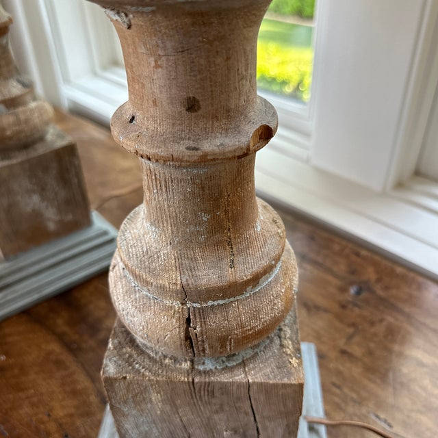 Wood Shaby Chic Faux Finished Wood Baluster Lamps - a Pair For Sale - Image 7 of 8